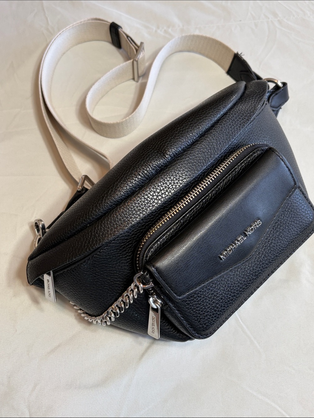 Michael Kors Black Pebbled Leather Belt Bag with Cream Strap